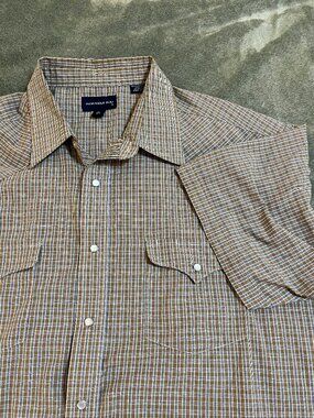Panhandle Slim short sleeve western pearl snap shirt tan/black plaid XL 17.5